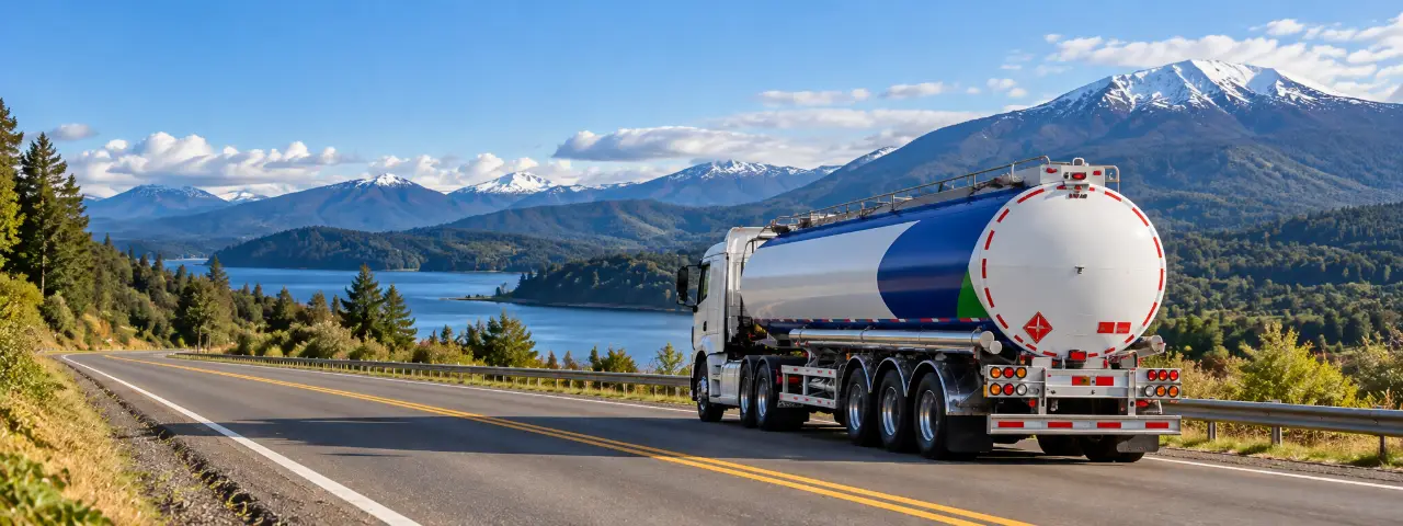 Camión cisterna en una carretera del sur de Chile, junto a un lago, bosques y volcanes nevados